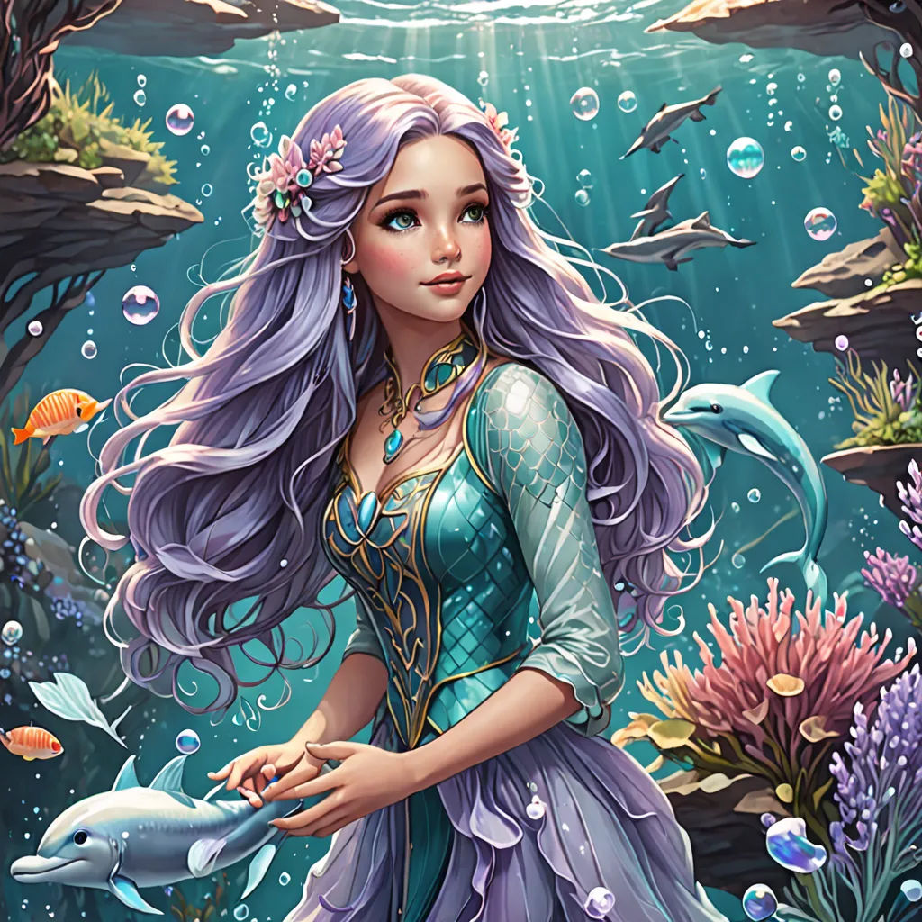 a beautiful mermaid with long purple hair standing in the water with a dolphin and fish around her feet, under a blue sky, Anna Dittmann, fantasy art, a storybook illustration, ocean