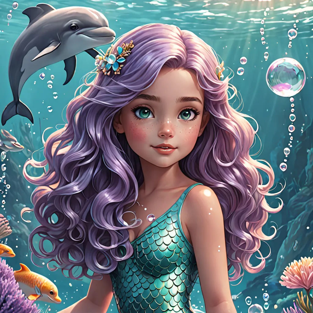 a mermaid with purple hair and a dolphin in the background is surrounded by bubbles and fish in the water, Cliff Childs, fantasy art, a detailed painting, highly detailed digital painting