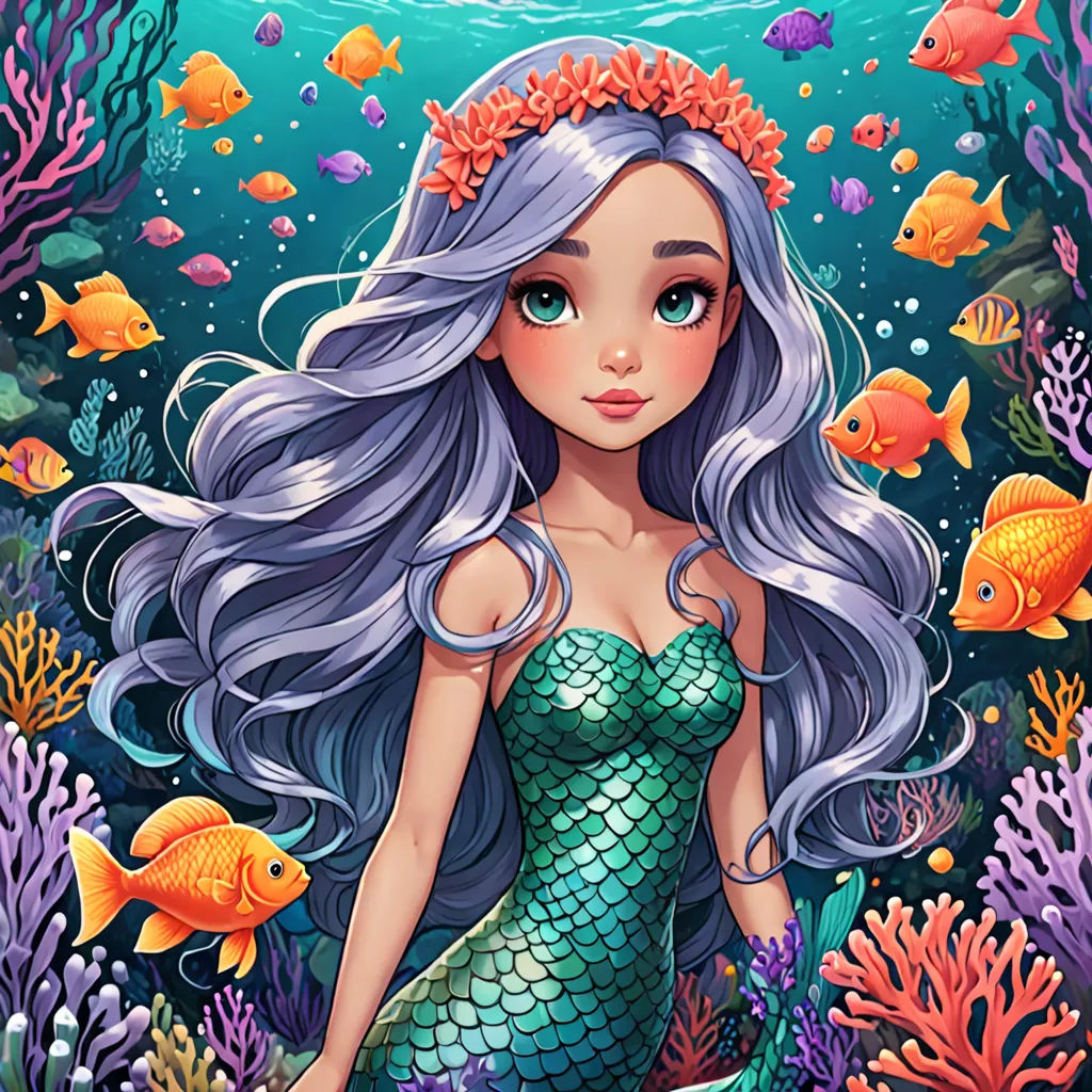 a mermaid with long hair and a crown on her head is sitting on a rock under the water and surrounded by fish, Anna Dittmann, fantasy art, a storybook illustration, highly detailed digital painting