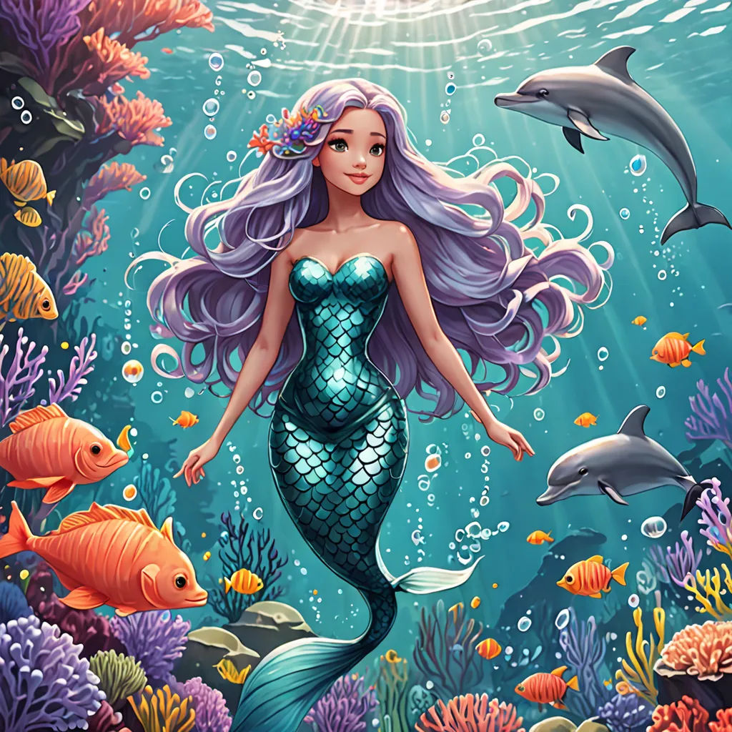 a mermaid with long hair standing in the ocean surrounded by dolphins and fish, under water with bubbles and bubbles, Anna Dittmann, fantasy art, a storybook illustration, highly detailed digital painting