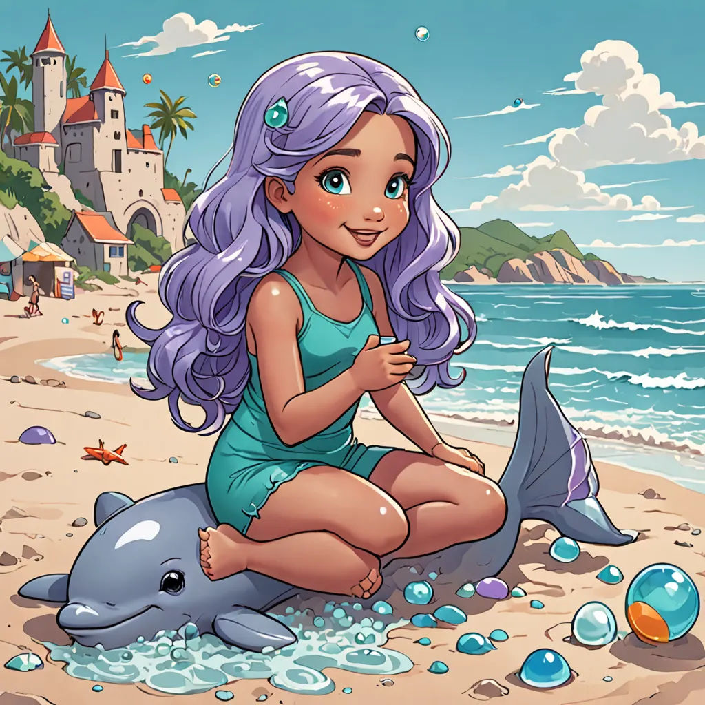 a cartoon girl sitting on the beach with a dolphin and a castle in the background, surrounded by bubbles, Cliff Childs, fantasy art, a character portrait, deviantart artstation