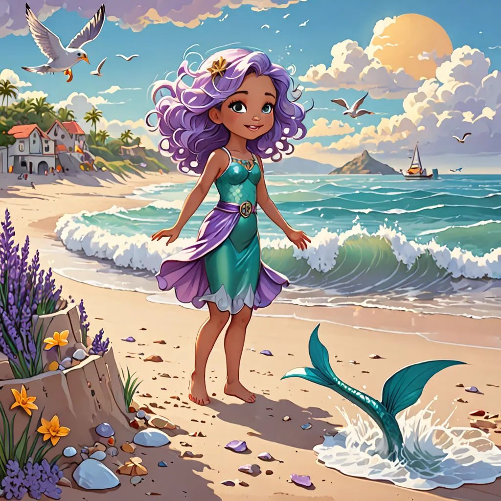 a cartoon girl standing on a beach next to a mermaid tail and a seagull flying over the ocean, Cliff Childs, fantasy art, a storybook illustration, official art