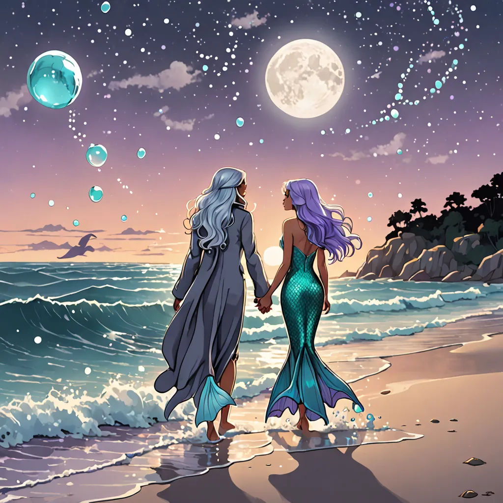 two women walking on a beach holding hands under a full moon and stars above the ocean and a full moon, Cyril Rolando, fantasy art, a comic book panel, comic cover art