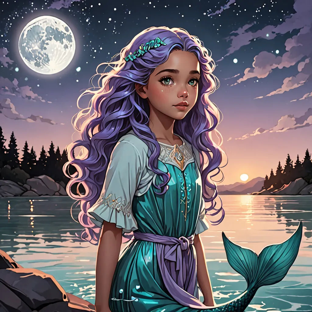 a painting of a girl with long purple hair and a mermaid tail sitting on a rock in front of a lake, Charlie Bowater, fantasy art, a storybook illustration, kinkade