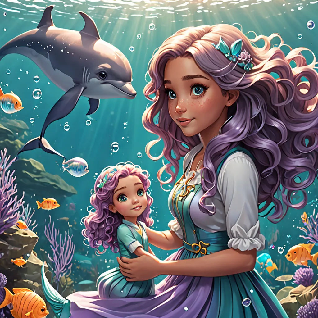 a girl and a dolphin in a sea with bubbles and bubbles in the water, and a dolphin in the background, Alice Prin, fantasy art, a storybook illustration, kinkade