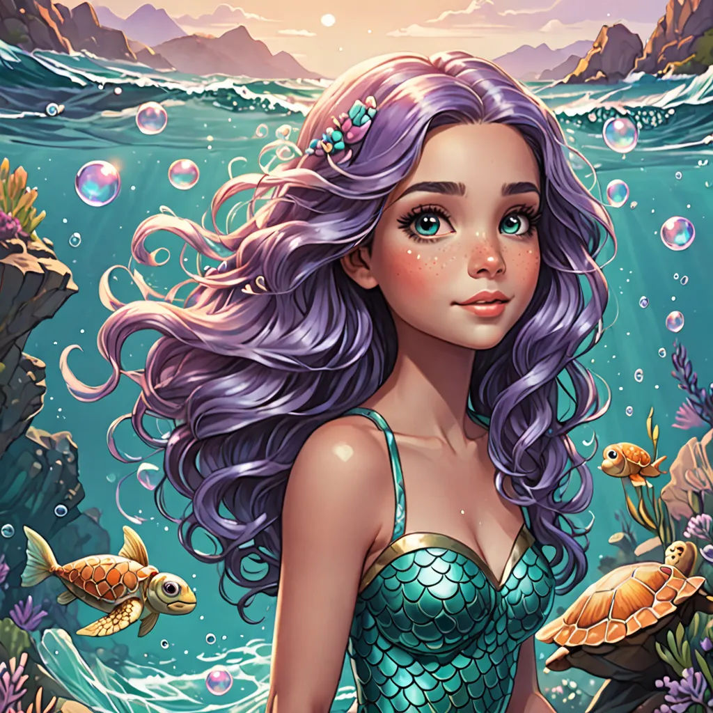 a beautiful mermaid with purple hair and a green bikini under water with fish and rocks in the background, under a pink sky, Anna Dittmann, fantasy art, a storybook illustration, rossdraws global illumination