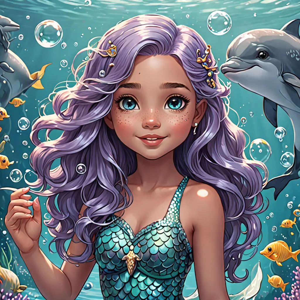 a beautiful mermaid with purple hair standing under water with dolphins and dolphins in the background, and a dolphin swimming in the water, Artgerm, fantasy art, a detailed painting, trending on art station