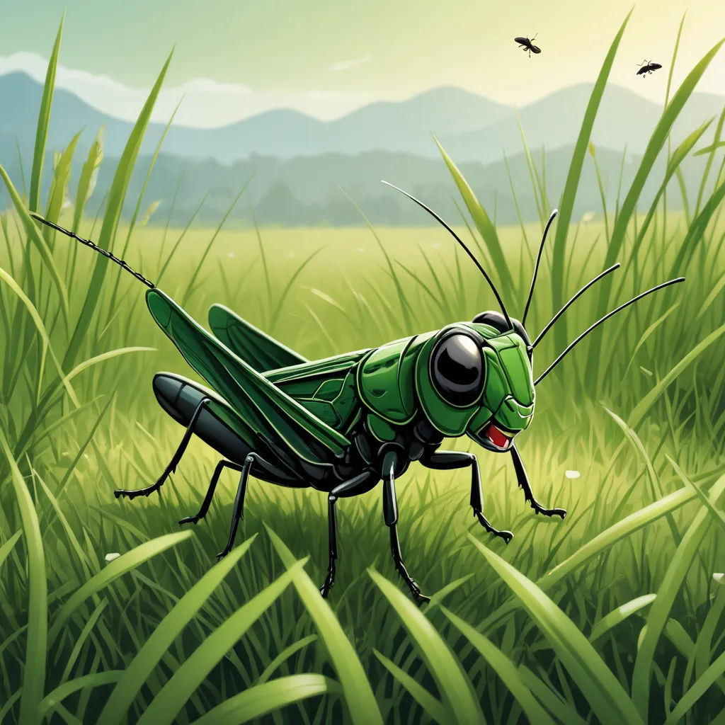 a green insect standing on top of a lush green field of grass next to a bird flying over it, environmental art, a storybook illustration, Andries Stock, high detail illustration
