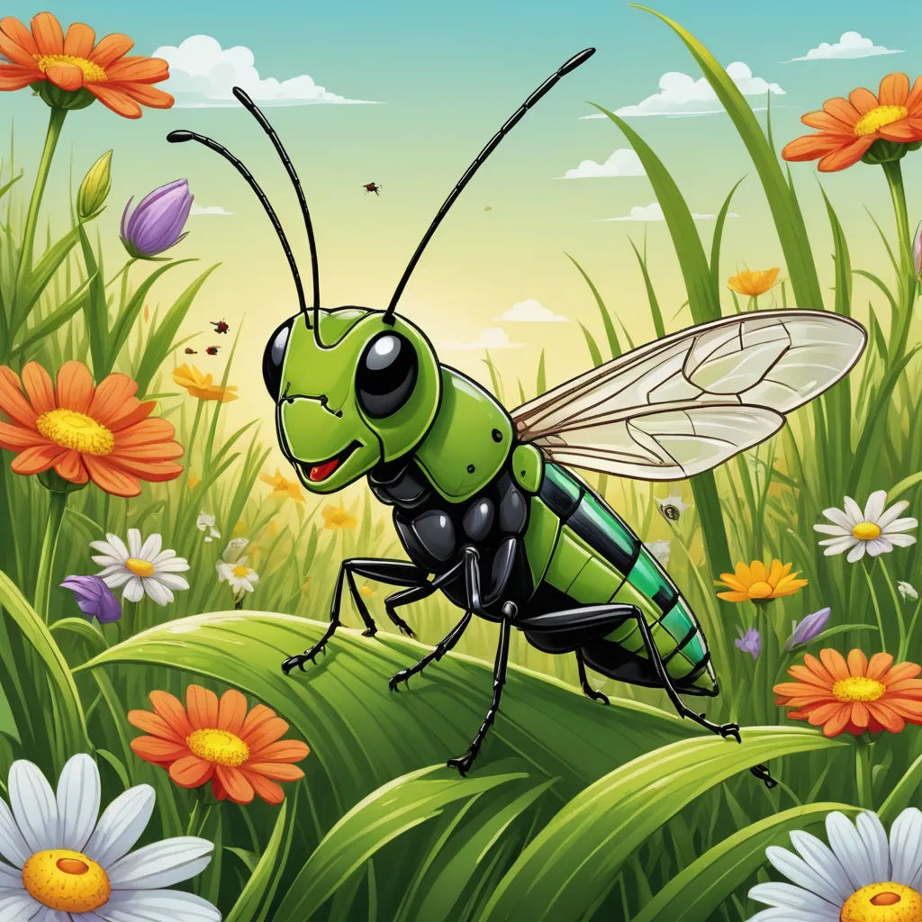 a green insect standing in the middle of a field of flowers and daisies illustration of a green insect standing in the middle of a field of flowers and daisies, ecological art, a storybook illustration, Andries Stock, detailed illustration