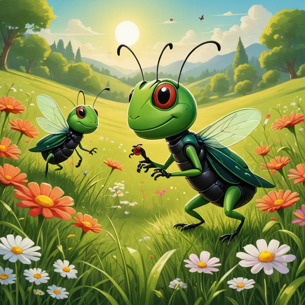 a couple of bugs standing on top of a lush green field of flowers and grass next to a forest, fantasy art, a storybook illustration, Andries Stock, game art