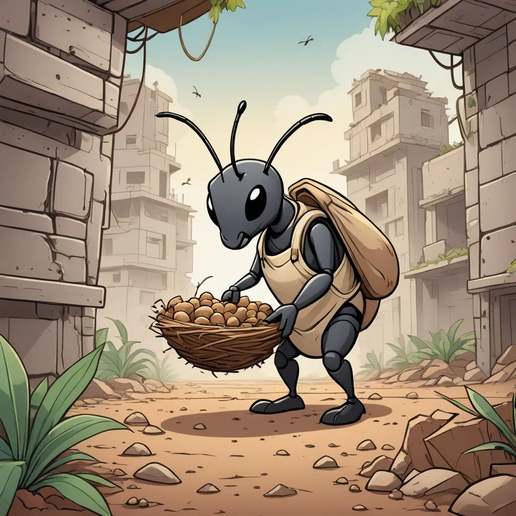a cartoon ant carrying a basket of eggs in a village with buildings in the background illustration by alex krawc, antipodeans, a character portrait, Craola, game art