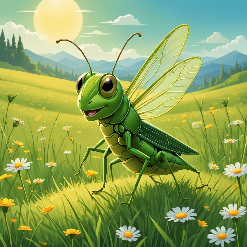 a green insect standing on top of a lush green field of flowers and daisies in front of a sun, fantasy art, a storybook illustration, Andries Stock, green
