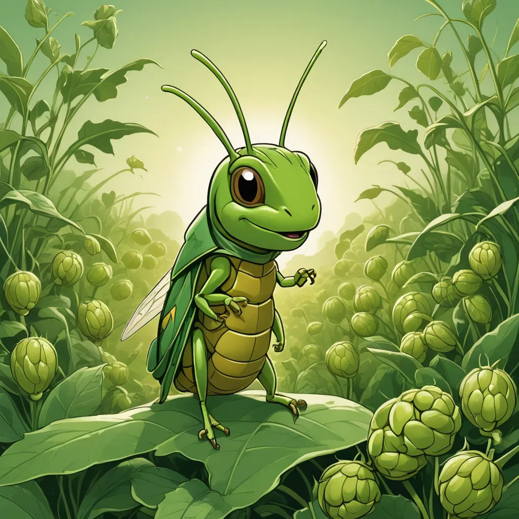 a green insect standing on a leaf in a field of hops and flowers with a sun in the background, fantasy art, a character portrait, Chris LaBrooy, magic the gathering artwork