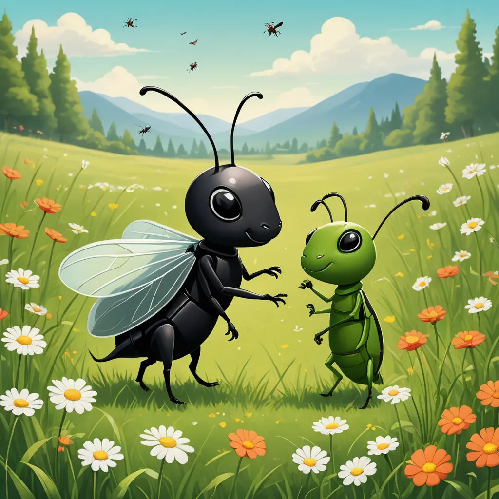 a couple of bugs standing on top of a lush green field of flowers and grass next to a forest, lyco art, a storybook illustration, Andries Both, 2 d game art