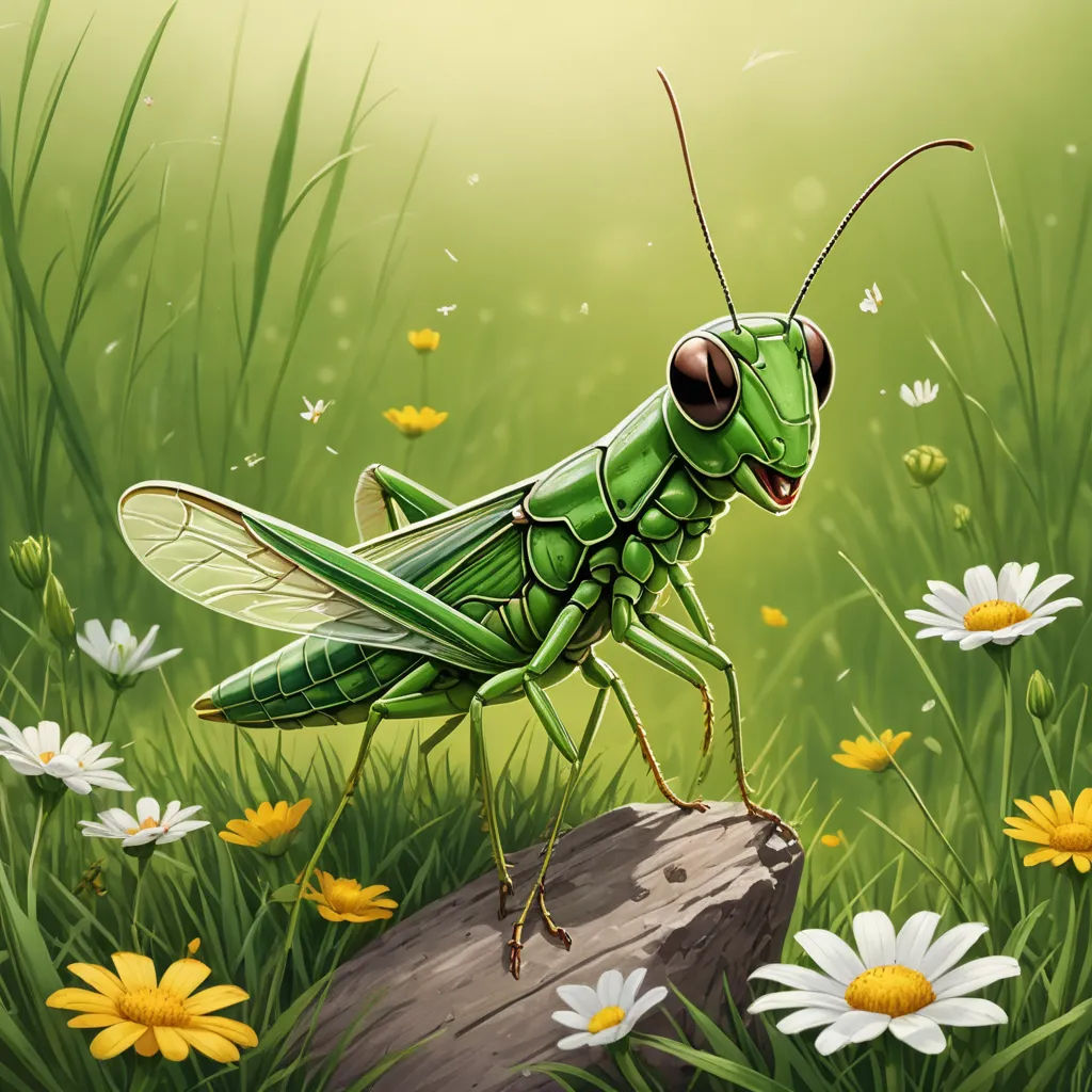a green grasshopper sitting on a rock in a field of daisies and daisies with daisies around it, fantasy art, a digital rendering, Andries Stock, full body portrait
