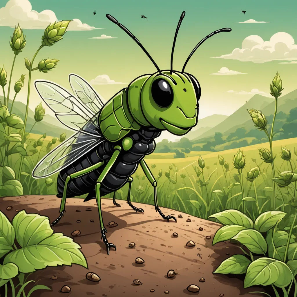 a green insect standing on a dirt patch in a field of grass and flowers with a sky background with clouds and grass, sots art, an illustration of, Andries Stock, detailed illustration