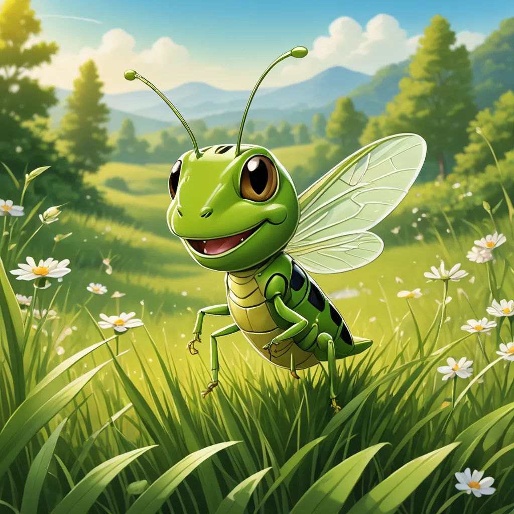 a green insect standing in a field of flowers and grass with a forest in the background and a sky with clouds, lyco art, a storybook illustration, Chris LaBrooy, game art