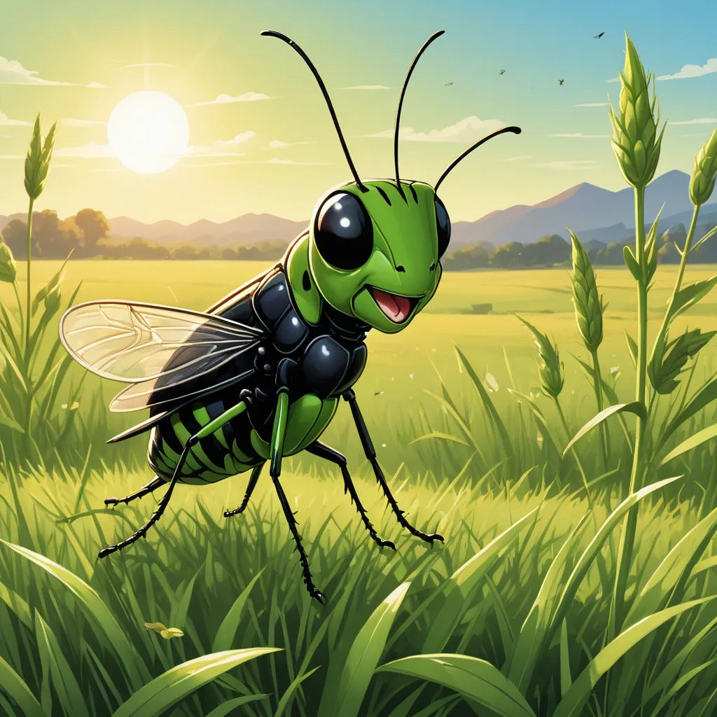 a green insect standing on top of a lush green field of grass next to a sunflower field and mountains, altermodern, a stock photo, Cedric Seaut (Keos Masons), official art
