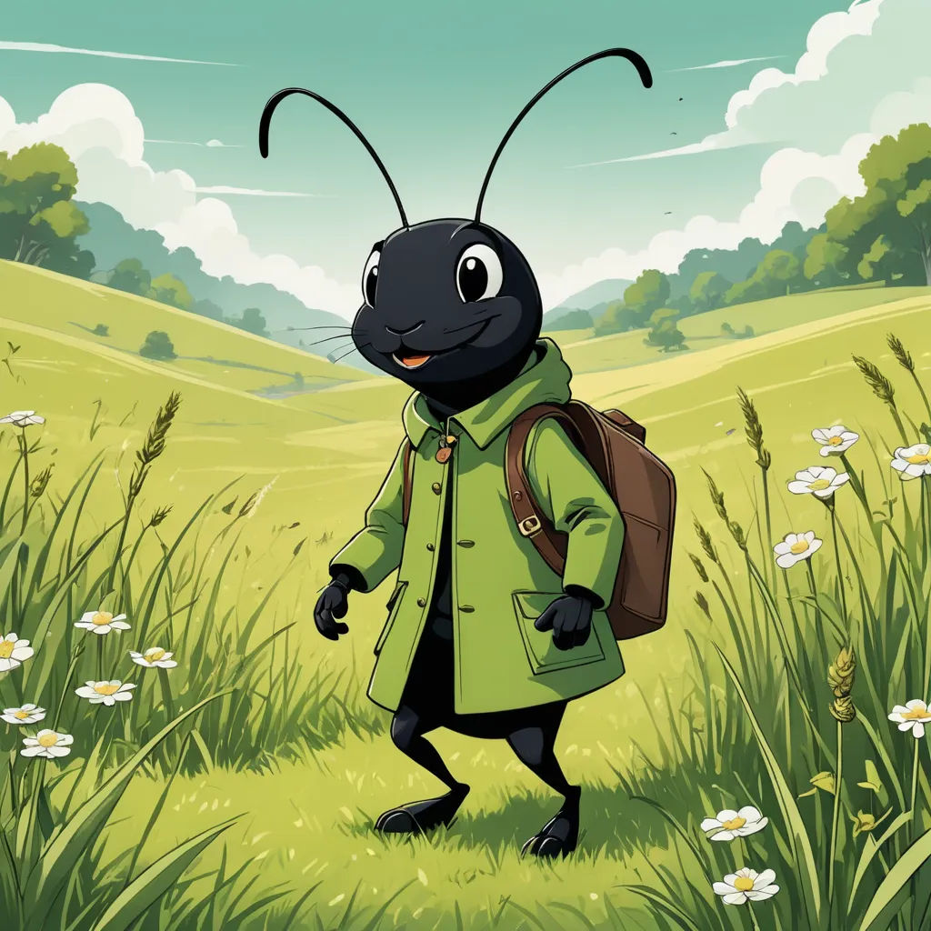 a bug in a green coat is walking through a field of grass and flowers with a backpack on his back, art informel, a character portrait, Clovis Trouille, promotional image