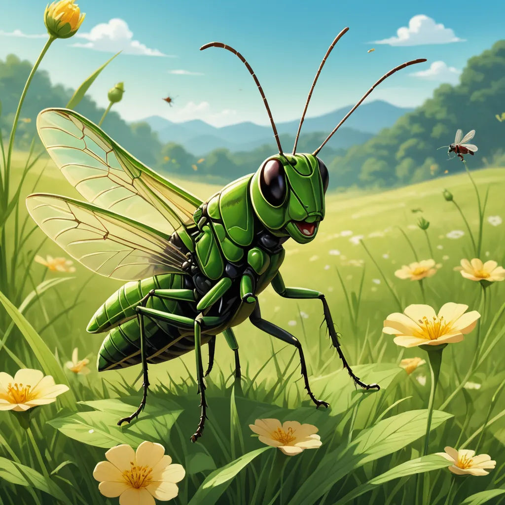 a green insect standing on top of a lush green field of flowers and grass next to a bee flying, sots art, a storybook illustration, Andries Stock, green