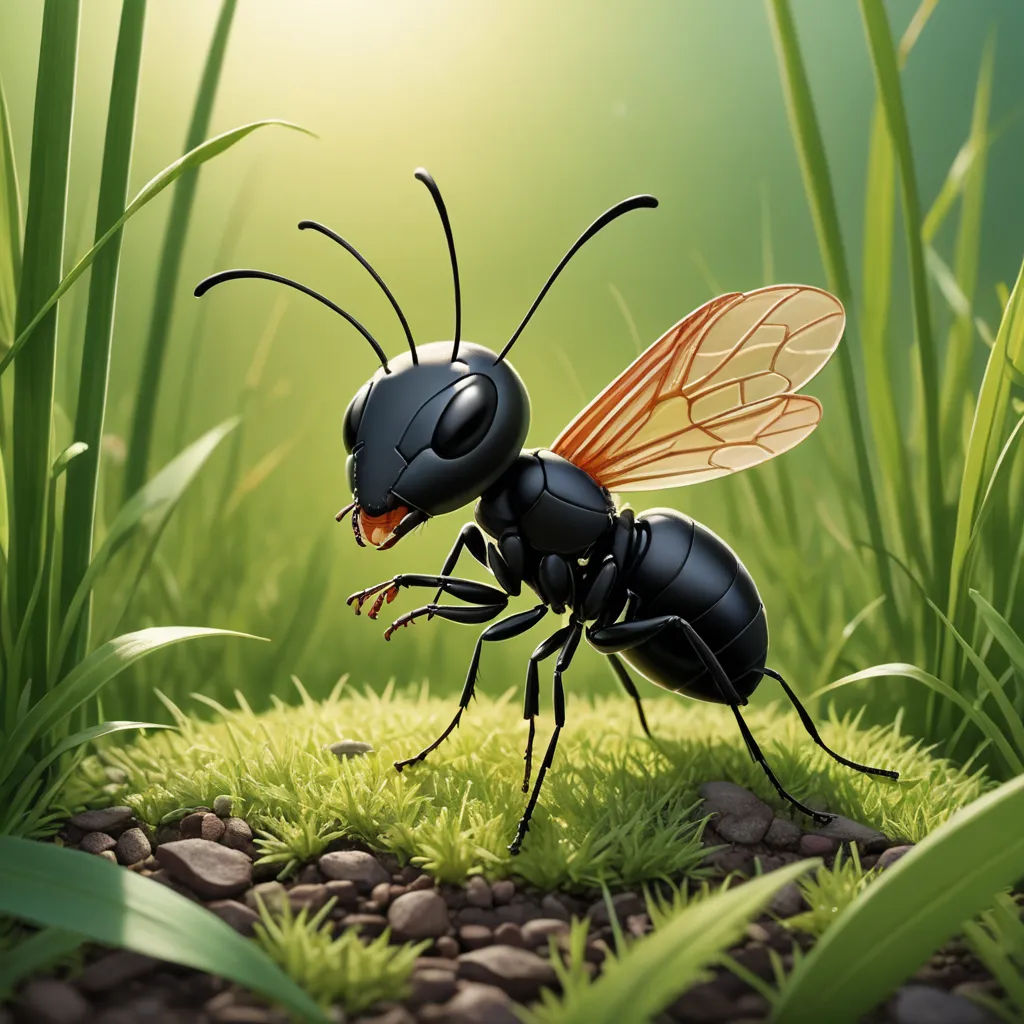 a black insect with a yellow stripe on its wings standing in the grass and rocks in the ground with grass and rocks around it, photorealism, a 3D render, Beeple, ultra realistic illustration