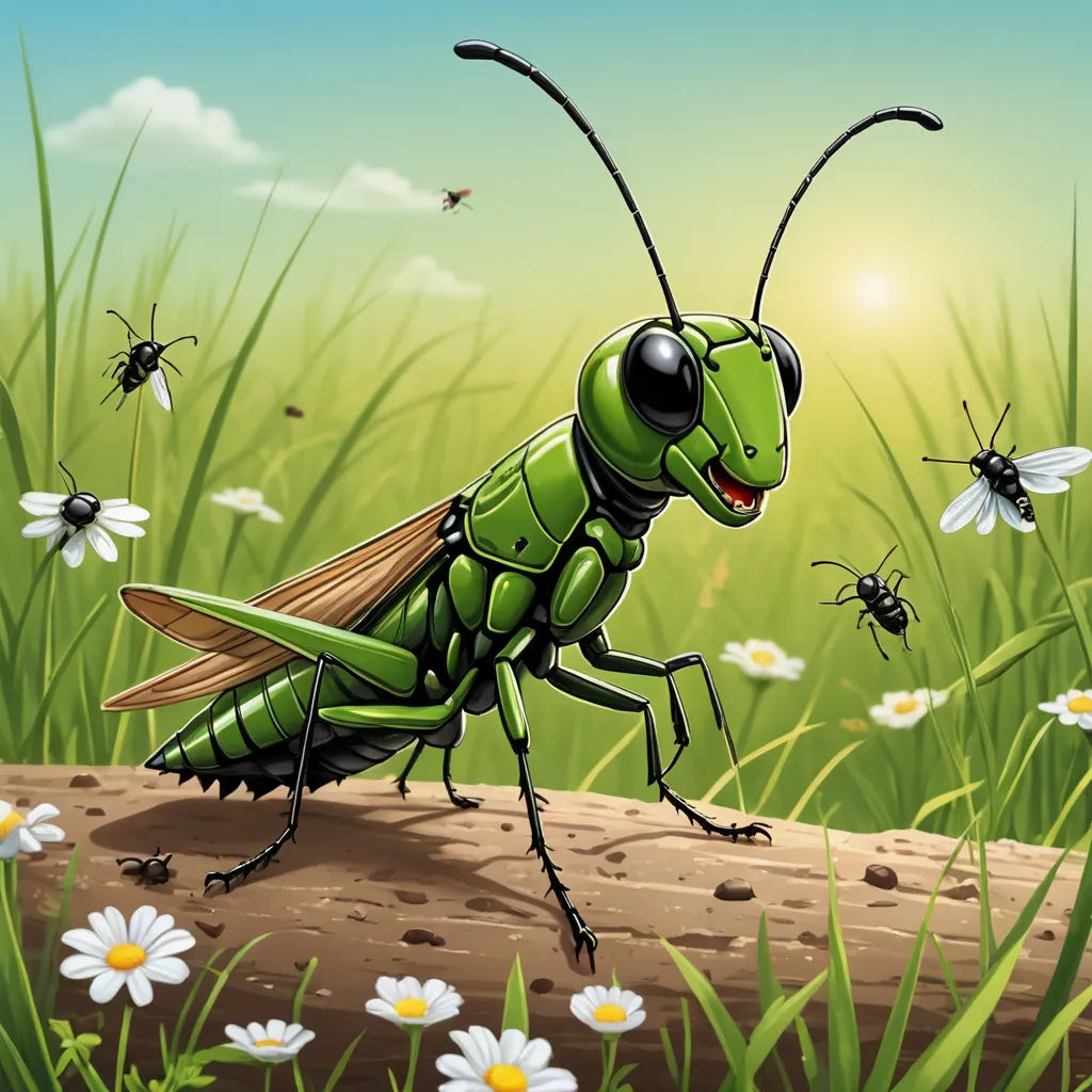 a green insect standing on a log in a field of flowers and daisies with bees flying around it, ecological art, a detailed drawing, Andries Stock, detailed illustration