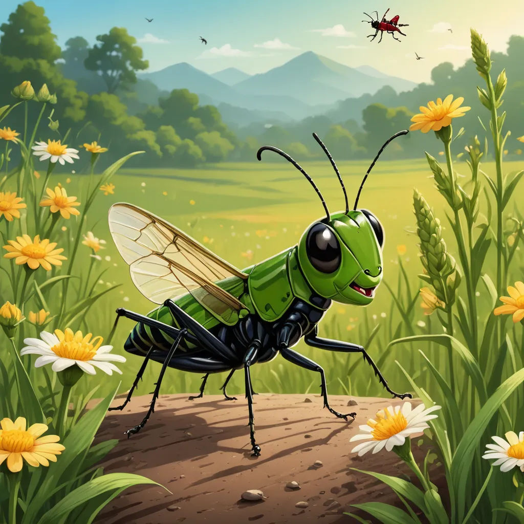 a green insect standing on a piece of wood in a field of flowers and daisies with a bug flying above it, sots art, a storybook illustration, Andries Stock, game art