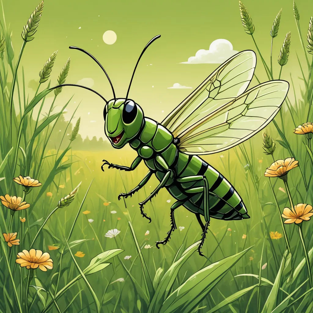a green insect is standing in a field of flowers and grass with a sky background and clouds in the background, ecological art, a storybook illustration, Chip Zdarsky, detailed illustration