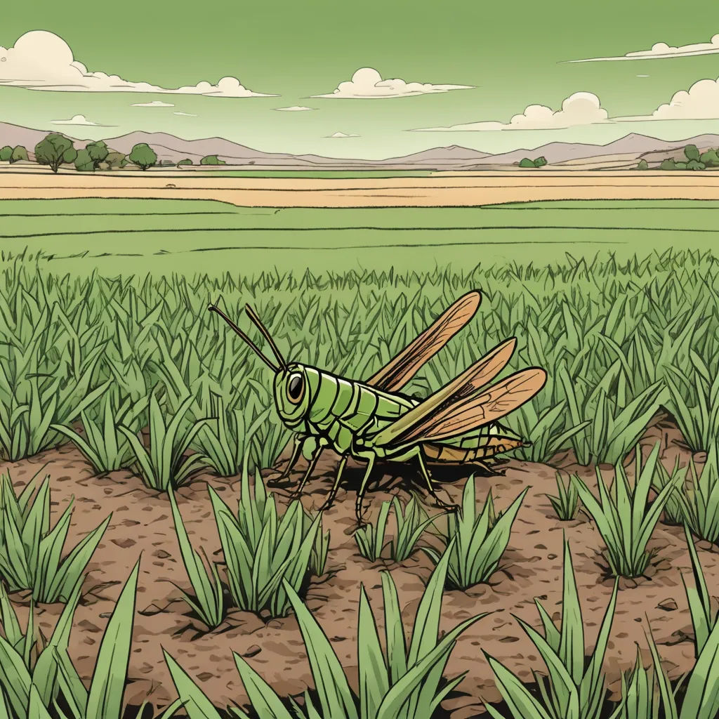 a green insect sitting on top of a grass covered field next to a field of green grass and a sky, synthetism, an illustration of, Asaf Hanuka, laurie greasley