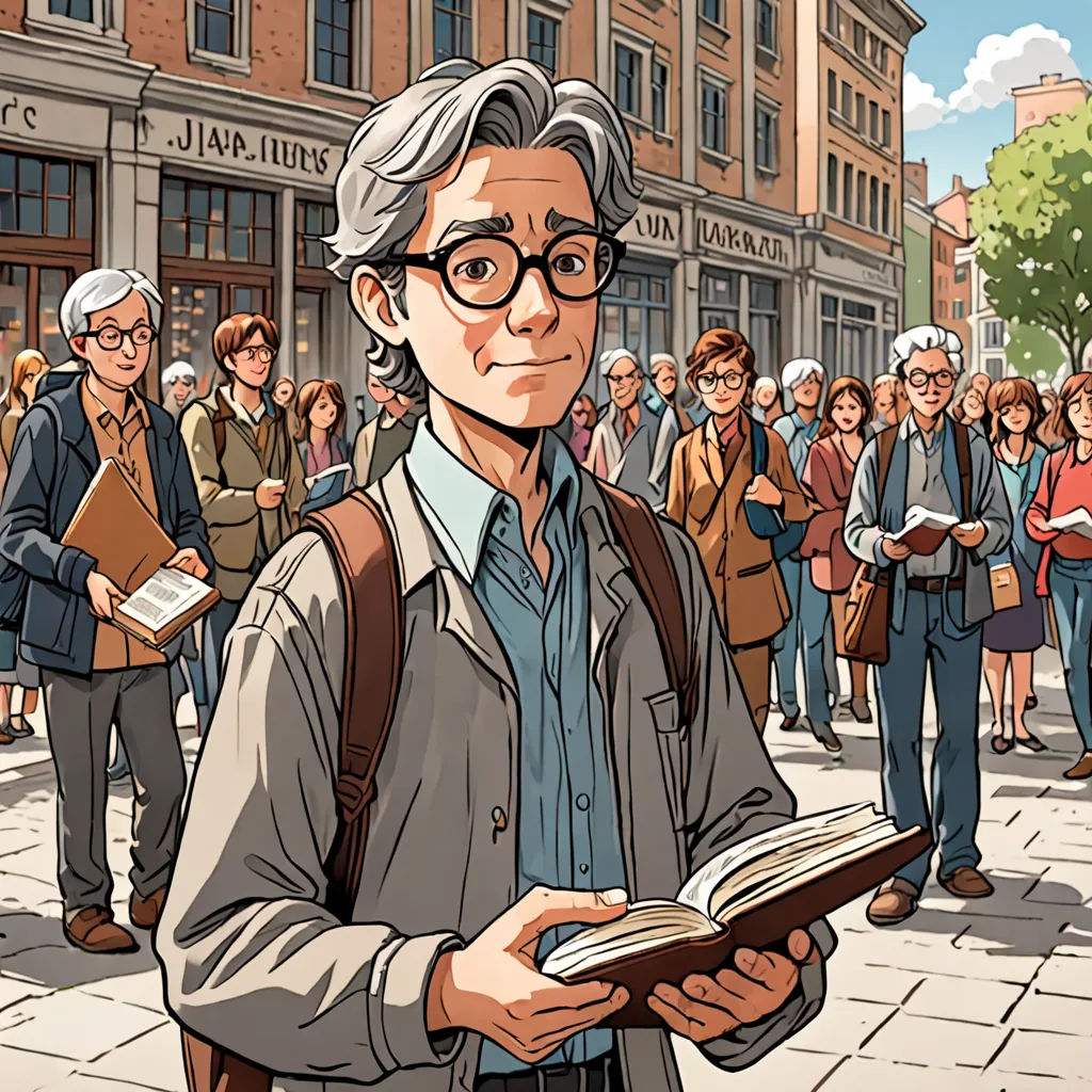 a man holding a book in front of a crowd of people on a street corner with buildings in the background, les automatistes, a character portrait, Asaf Hanuka, yukito kishiro