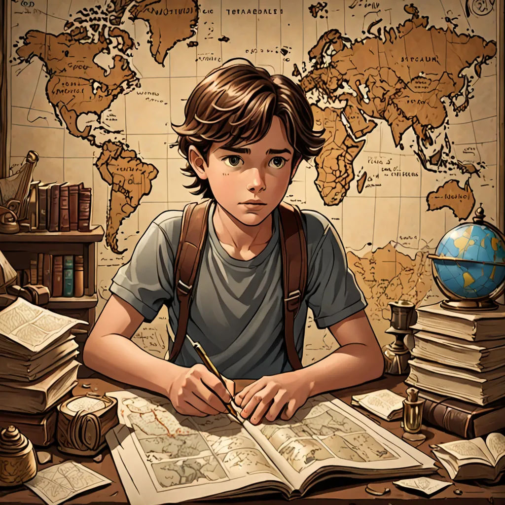 a boy sitting at a desk with a book and a pen in his hand and a map in the background, fantasy art, a storybook illustration, Diego Gisbert Llorens, rossdraws global illumination