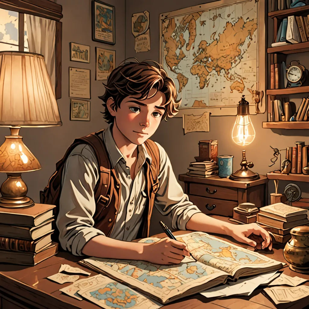 a boy sitting at a desk with a map and a lamp on it, in front of a desk with a lamp and a lamp, fantasy art, a comic book panel, Diego Gisbert Llorens, rossdraws global illumination