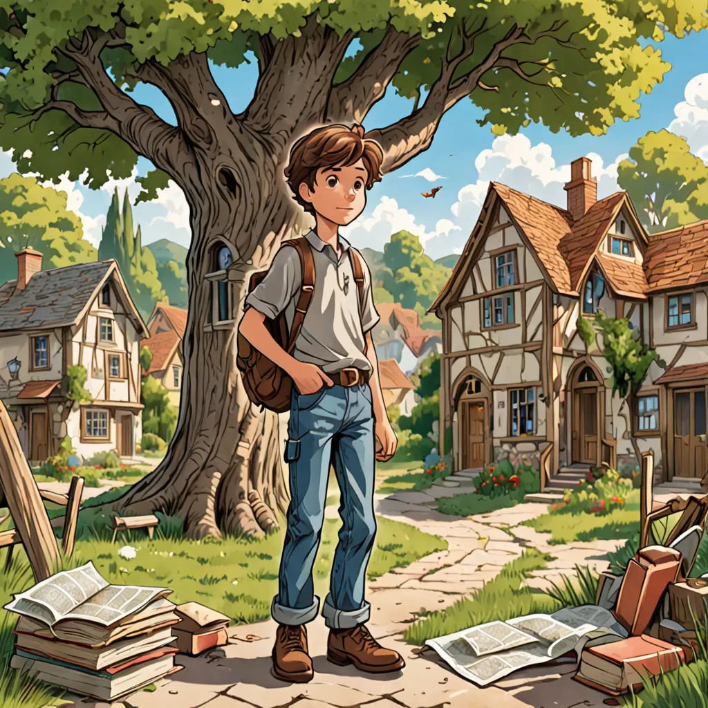 a boy standing in front of a tree with a book in his hand and a book bag in his other hand, fantasy art, a storybook illustration, Cliff Childs, official art