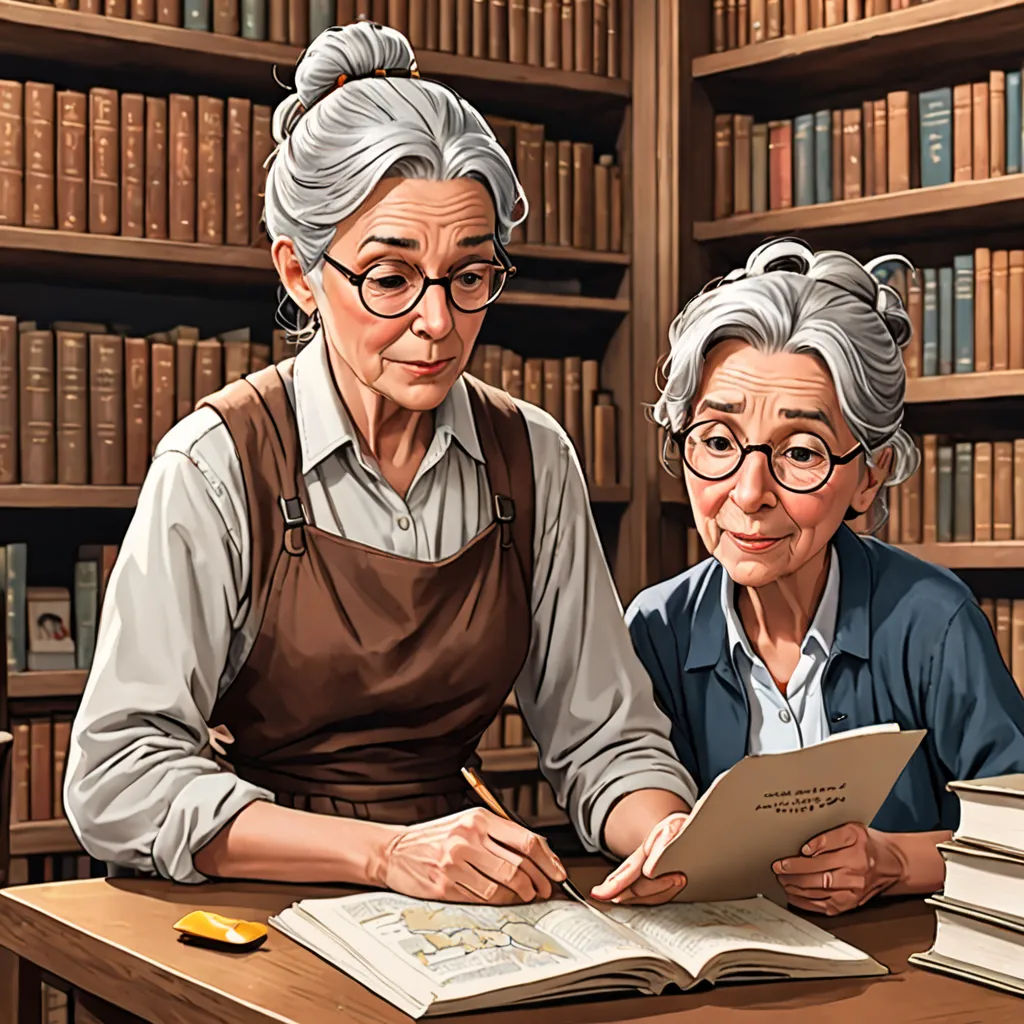 a woman sitting at a desk with a book and a woman standing next to her writing on a book, academic art, a storybook illustration, Ada Gladys Killins, high detail illustration