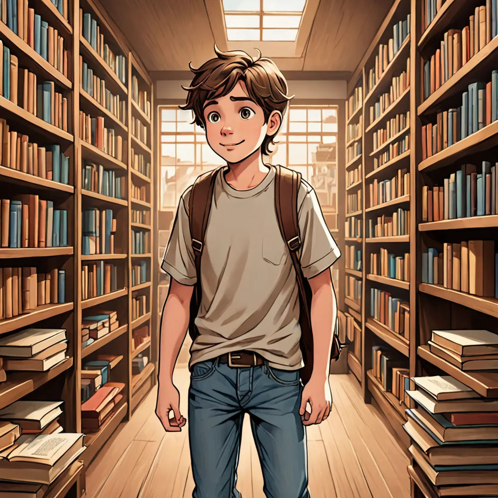 a boy standing in a library with a backpack on his back and bookshelves in the background,, magical realism, a storybook illustration, Cliff Childs, graphic novel