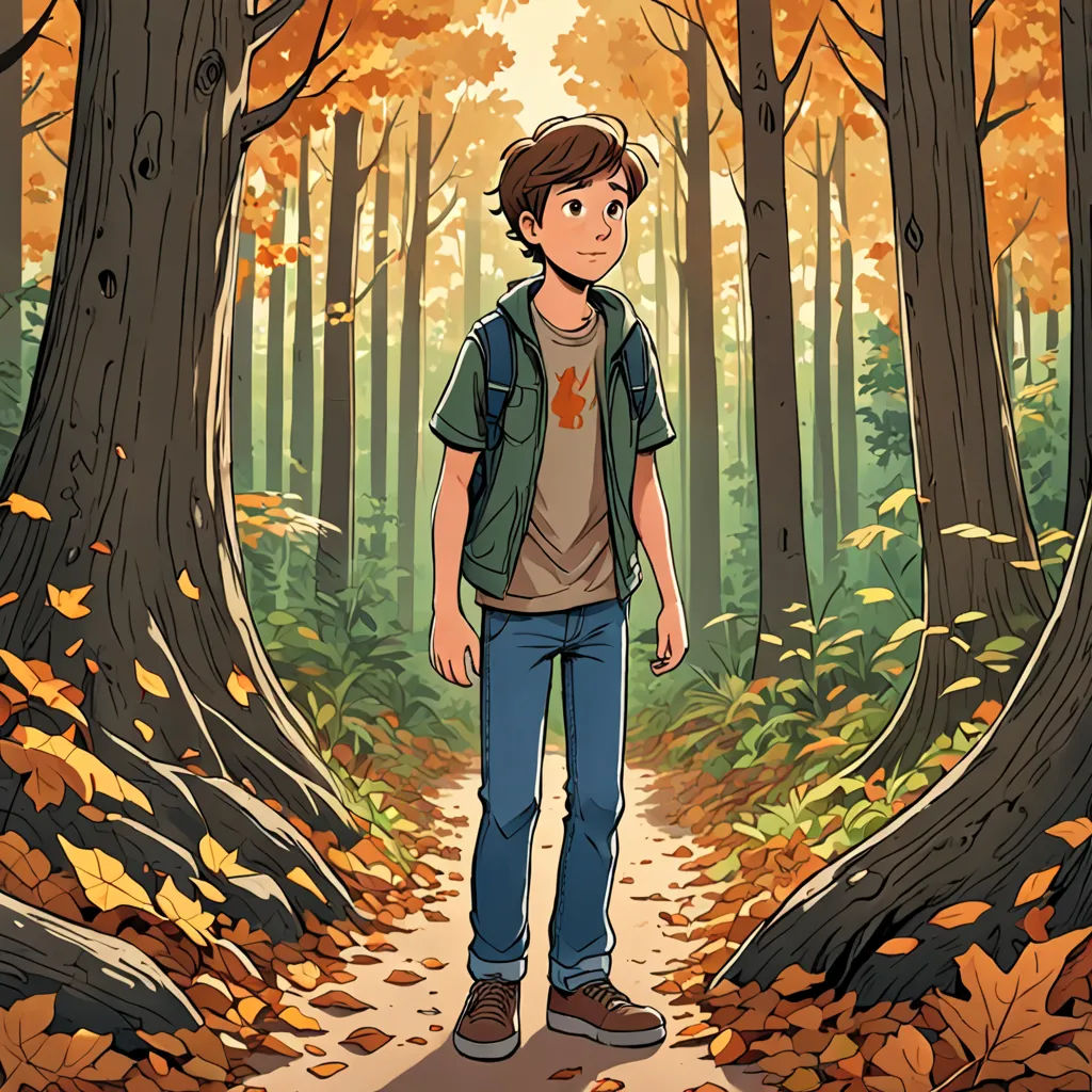 a boy standing in the middle of a forest with leaves on the ground and trees in the background, with a path in the middle of the woods, process art, a character portrait, Cedric Seaut (Keos Masons), graphic novel