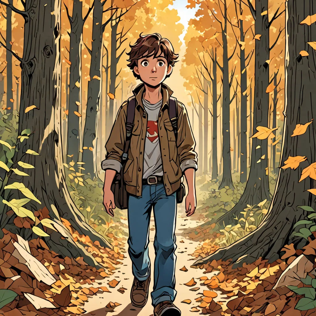 a boy walking down a path in the woods with leaves on the ground and trees in the background, with a yellow light coming from the trees, process art, a comic book panel, Cedric Seaut (Keos Masons), rossdraws global illumination