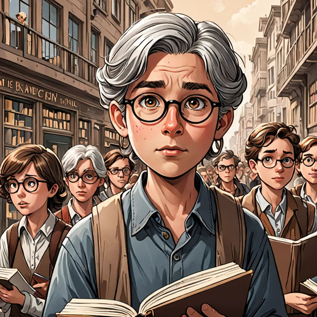 a cartoon of a man with glasses and a book in his hands, surrounded by a crowd of people, fantasy art, a comic book panel, Asaf Hanuka, comic cover art