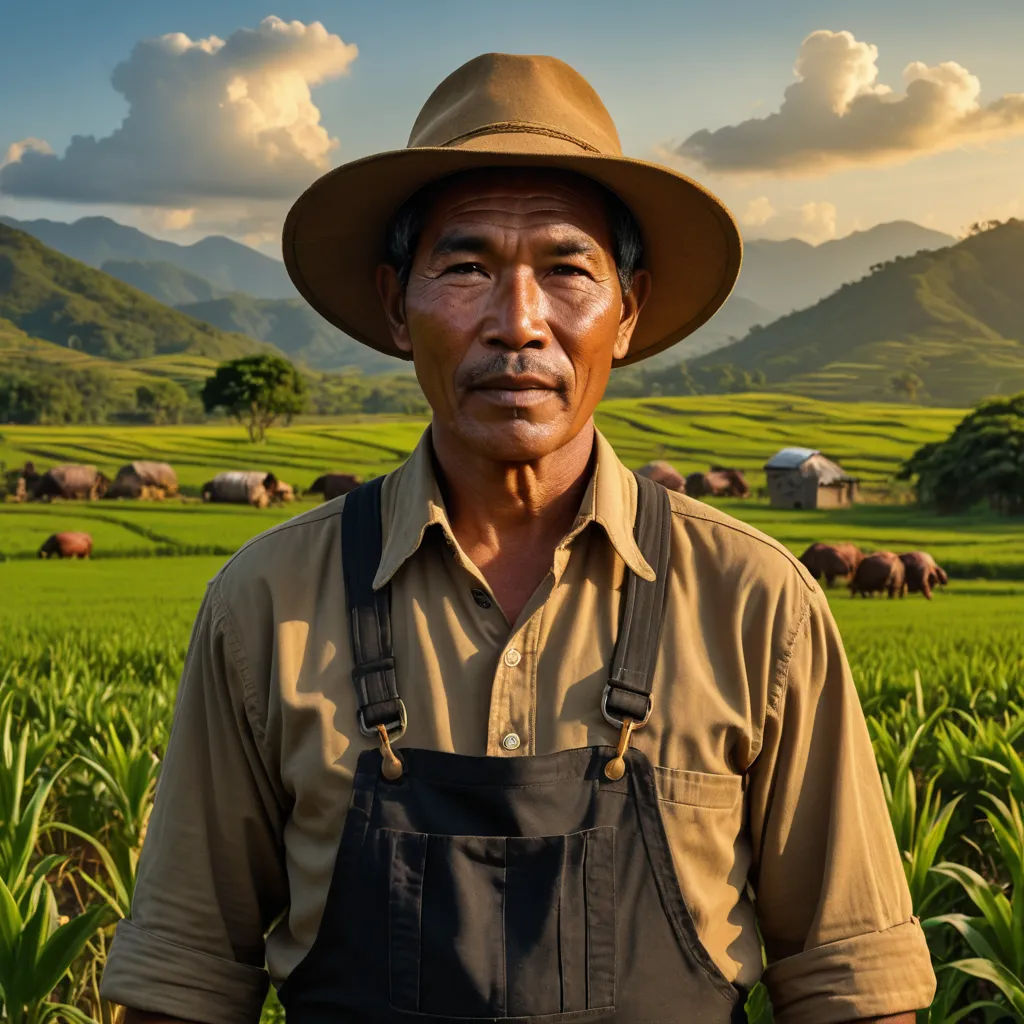 a man in a hat standing in a field of crops with cows in the background and a mountain range in the distance, sumatraism, a character portrait, Arie Smit, award-winning photograph