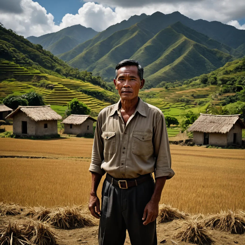 a man standing in front of a field of grass with mountains in the background and a house in the foreground, regionalism, a character portrait, Dai Xi, phuoc quan