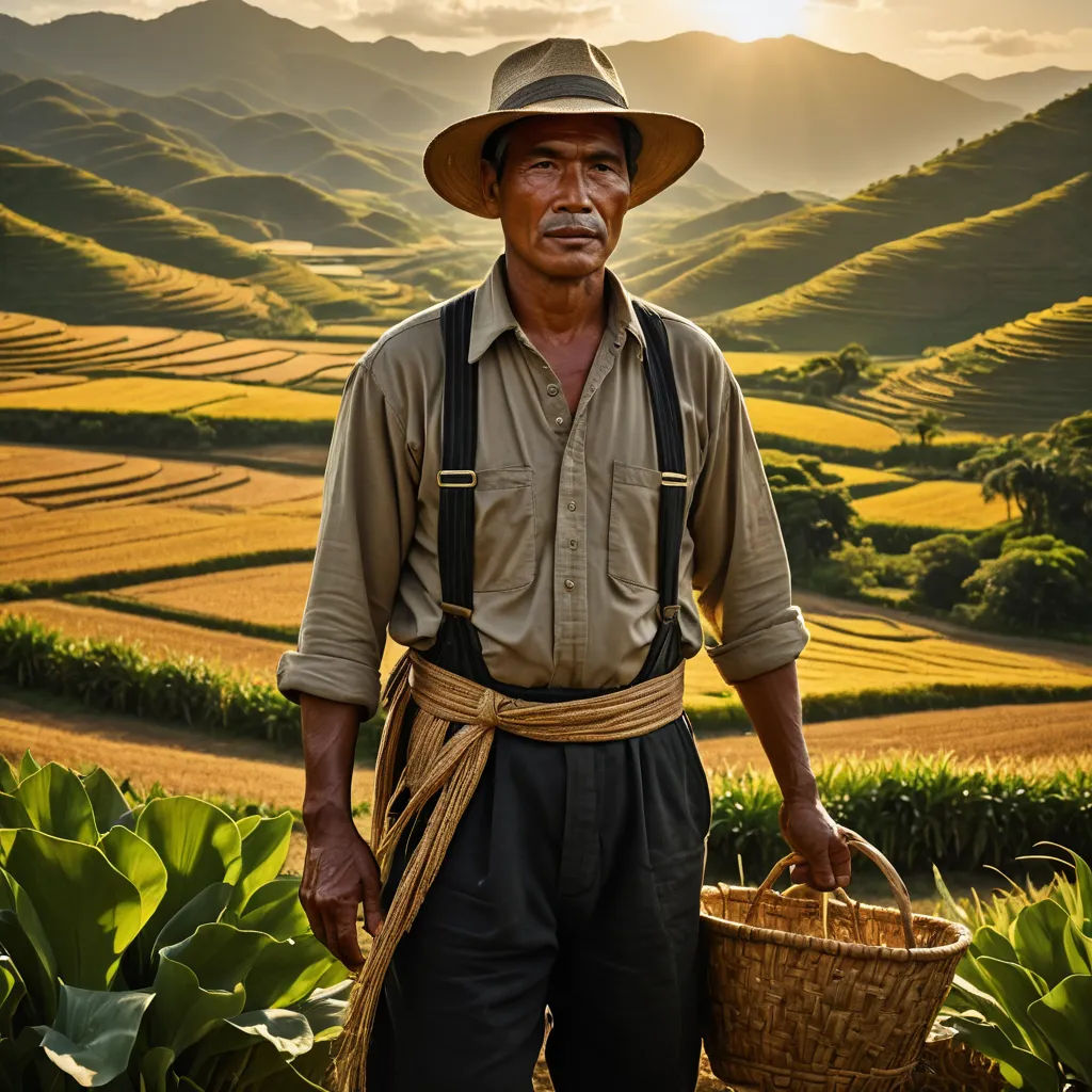 a man with a basket in his hand standing in a field of crops with mountains in the background and a sun setting, regionalism, a stock photo, Dai Xi, award - winning photography