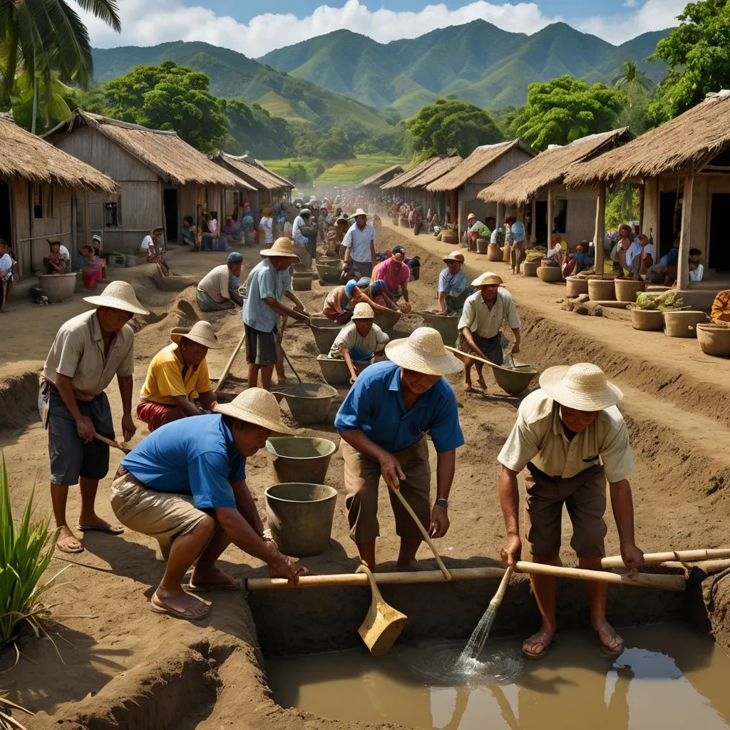 a group of people are working in a village with mud pots and shovels and a lot of mud, environmental art, a tilt shift photo, Ding Guanpeng, award-winning photograph