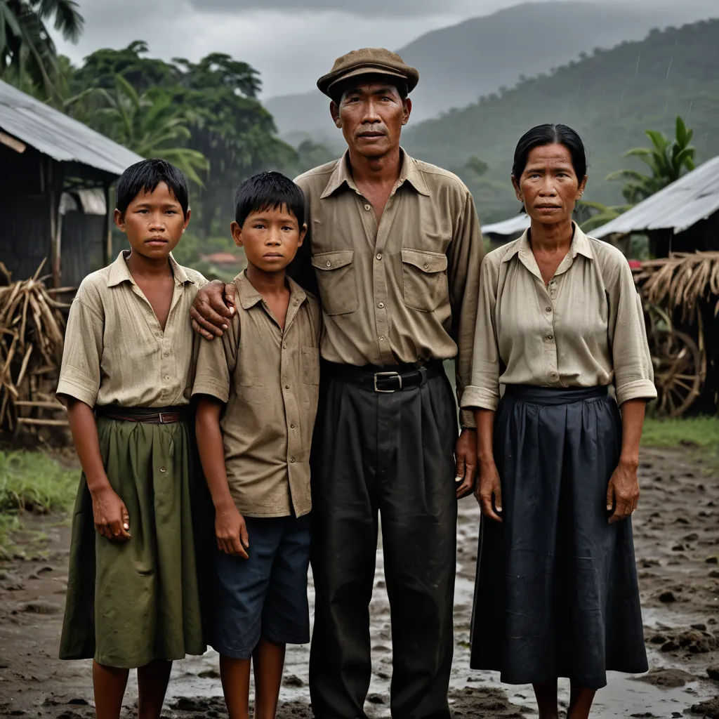 a man and two boys standing next to each other in front of a hut with mountains in the background, sumatraism, a character portrait, Andrew Law, adobe lightroom