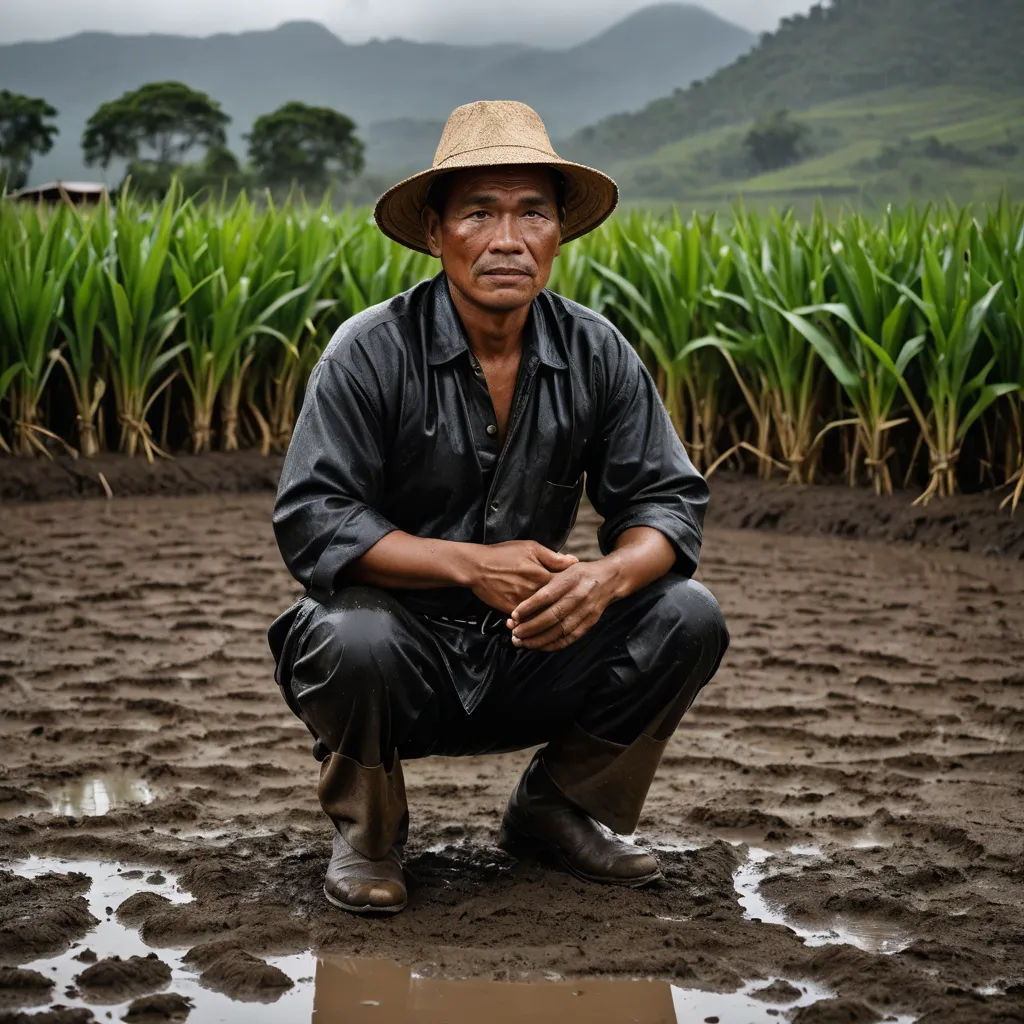 a man kneeling down in a muddy field with a hat on his head and a cane in his hand, environmental art, a character portrait, Andrew Law, portrait photography