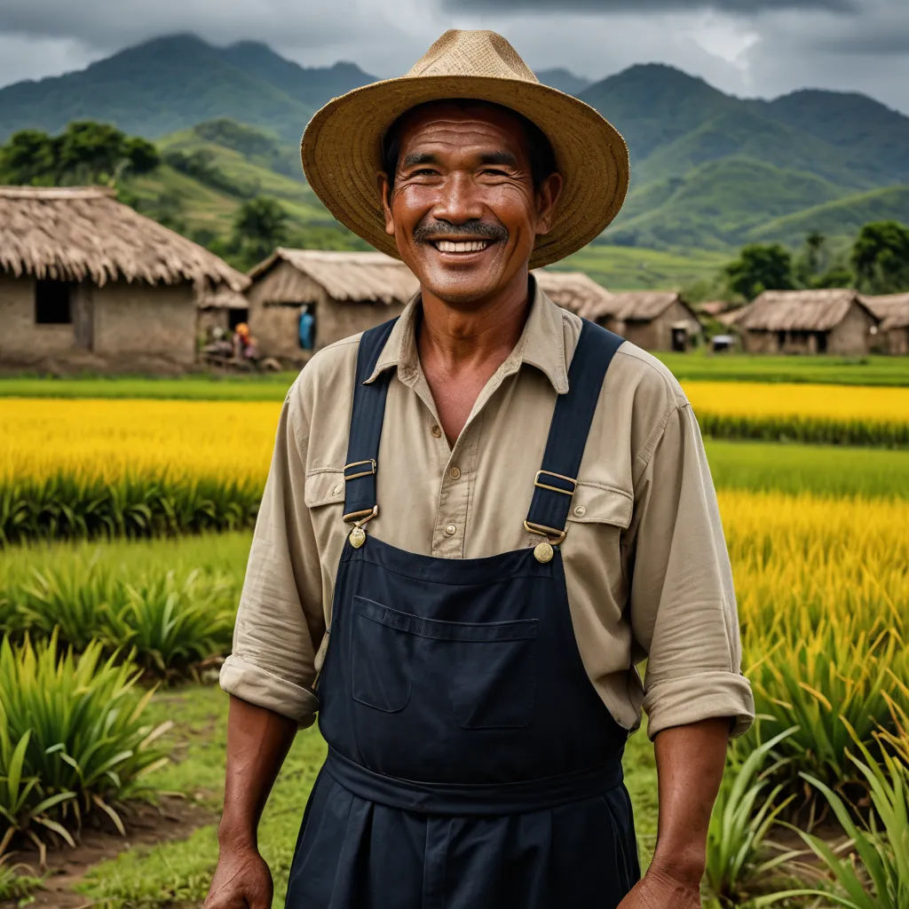 a man in a hat and overalls standing in a field of crops with a farm in the background, regionalism, a character portrait, Cui Bai, phuoc quan