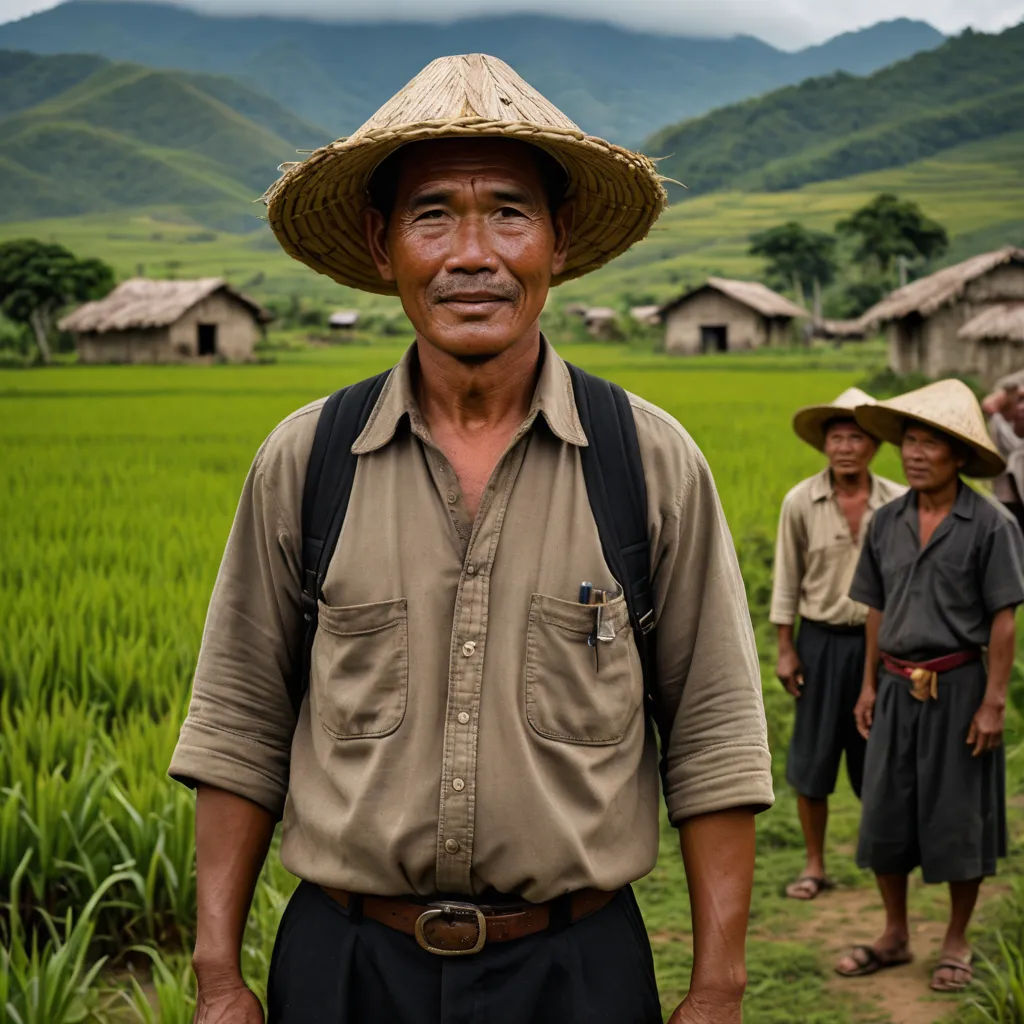 a man in a straw hat standing in a field with other men in the background wearing hats and standing in front of a green field, regionalism, a character portrait, Dai Xi, phuoc quan