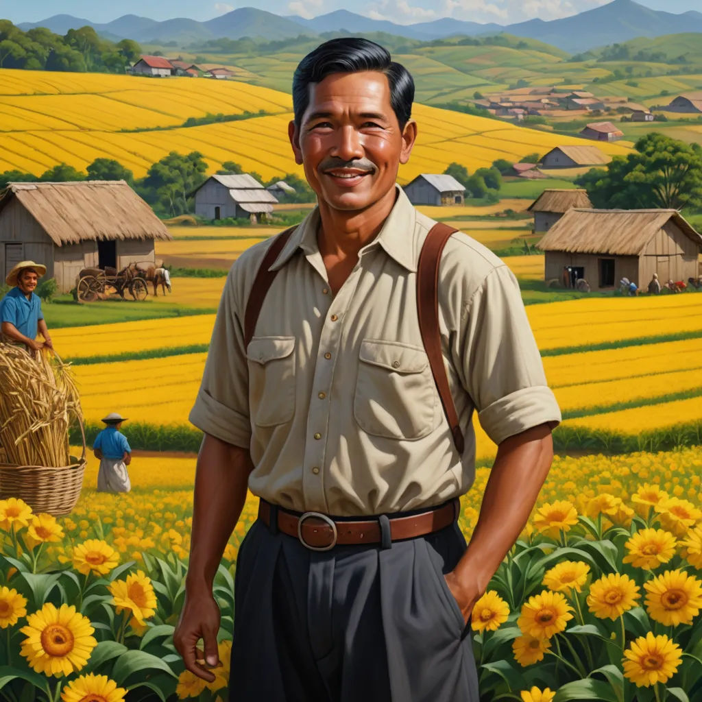 a painting of a man standing in a field of sunflowers with a farm in the background and a man in a straw hat, socialist realism, a character portrait, Chang Dai-chien, highly detailed oil painting