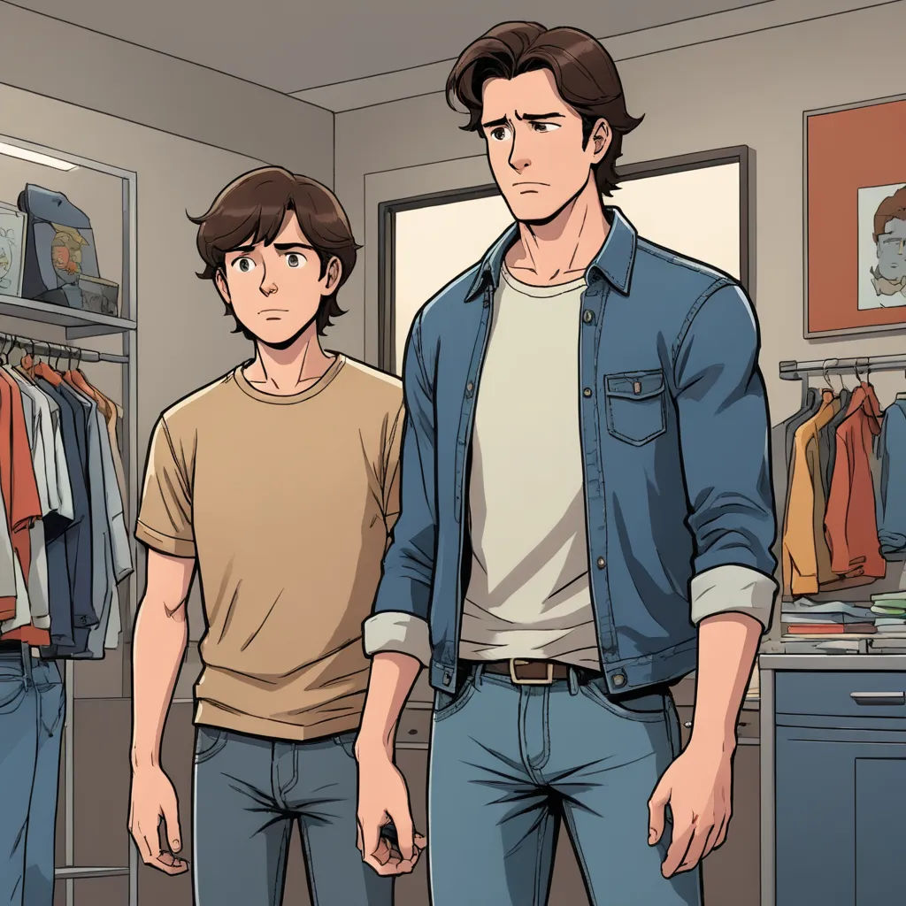a man standing next to another man in a room with clothes on a rack and a mirror behind him, remodernism, a comic book panel, Brothers Hildebrandt, graphic novel