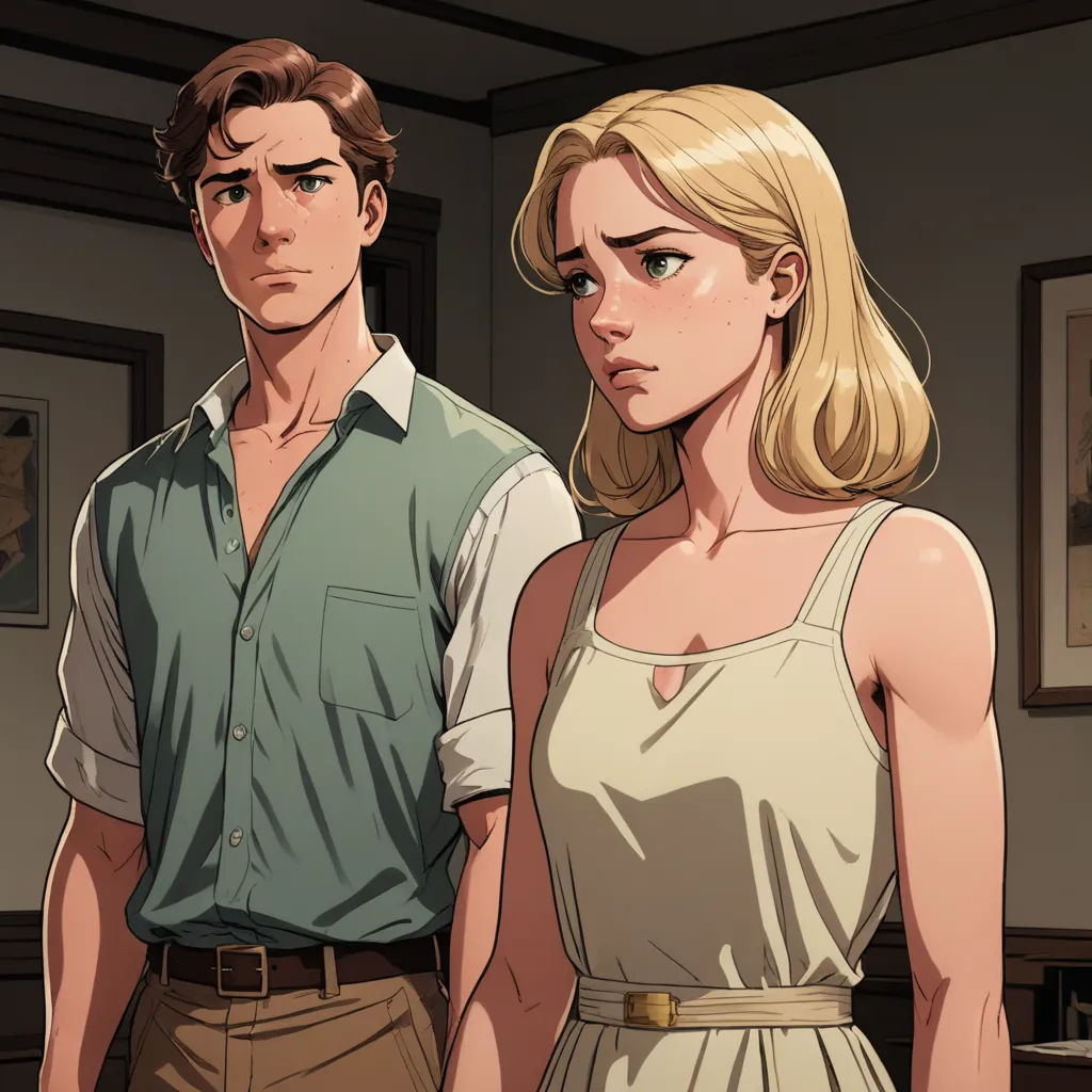 a man and a woman standing next to each other in a room with pictures on the wall behind them, sots art, a comic book panel, Cedric Seaut (Keos Masons), official art
