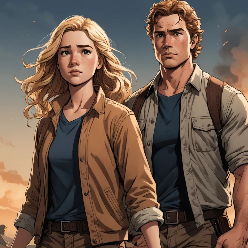 a man and a woman standing next to each other in front of a sunset sky with clouds and a man holding a gun, process art, a comic book panel, Evan Charlton, comic cover art